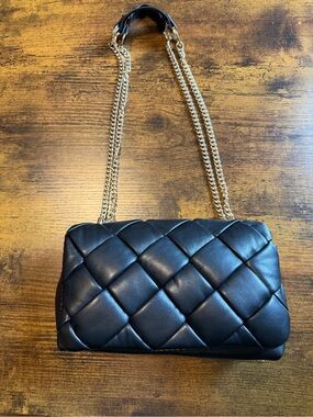 A New Day Black Quilted Faux Leather Chain Shoulder Bag Gold Hardware